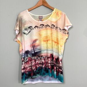 Chicos Tropical Top Lightweight Palm Tree Womens Large 2 Colorful Resort AOP